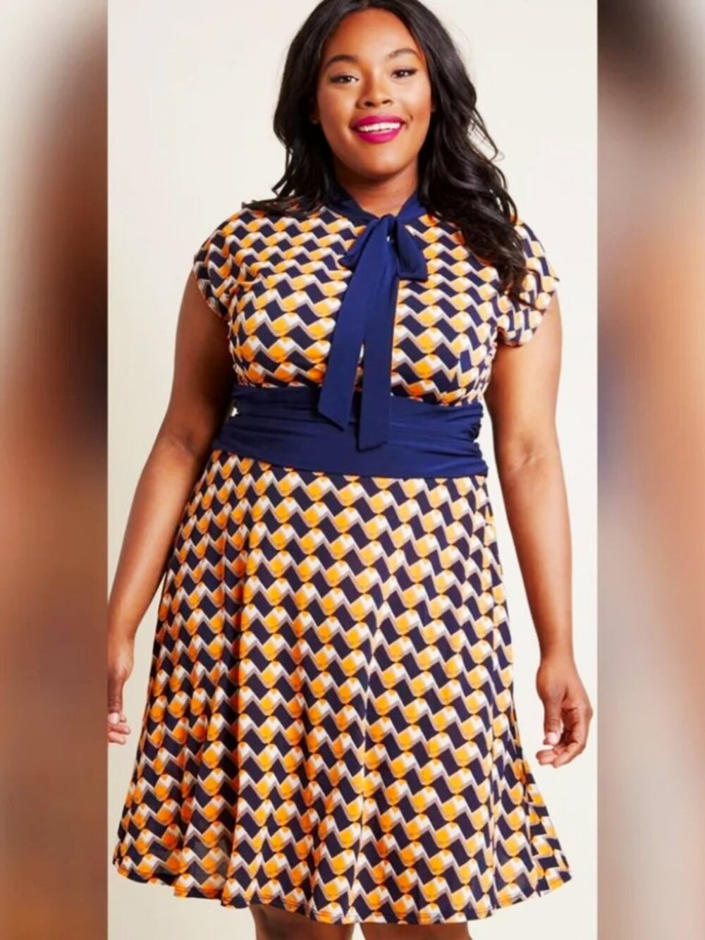 Modcloth Navy Blue, Orange & White Houndstooth Bow Dress